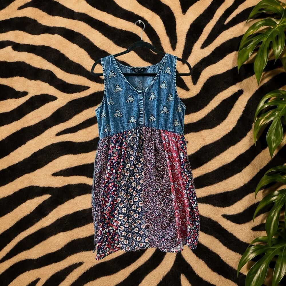 Young Threads Denim Floral Patchwork Babydoll Dress Boho Grandmacore